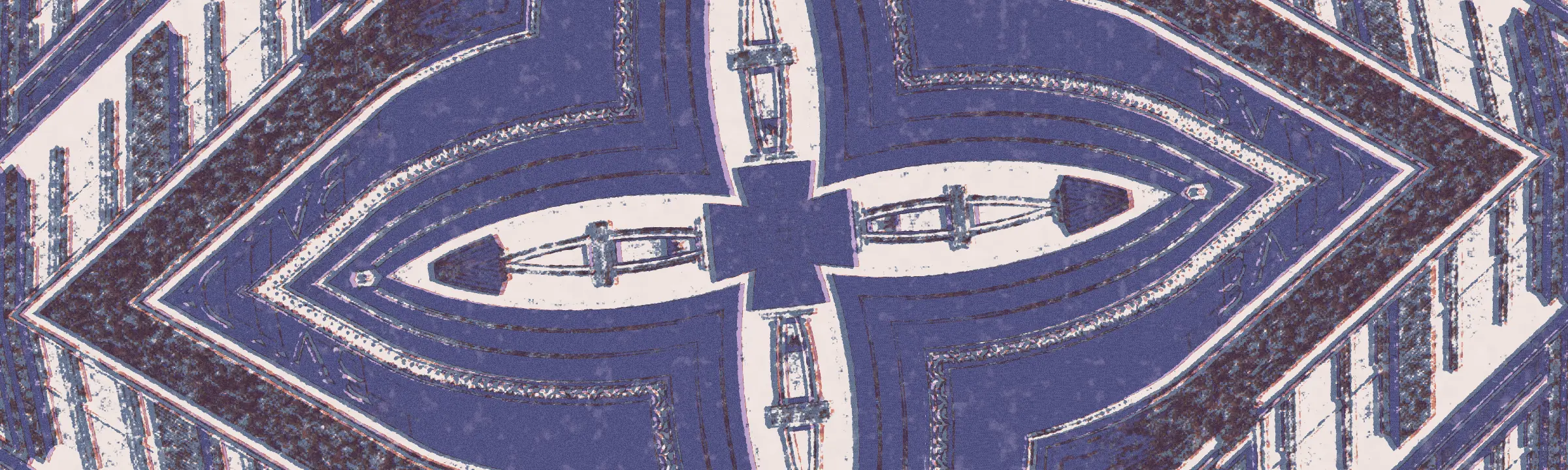 A riso print of the Littlefield Building, Sixth and Congress, from below, folded in four, in two inks.