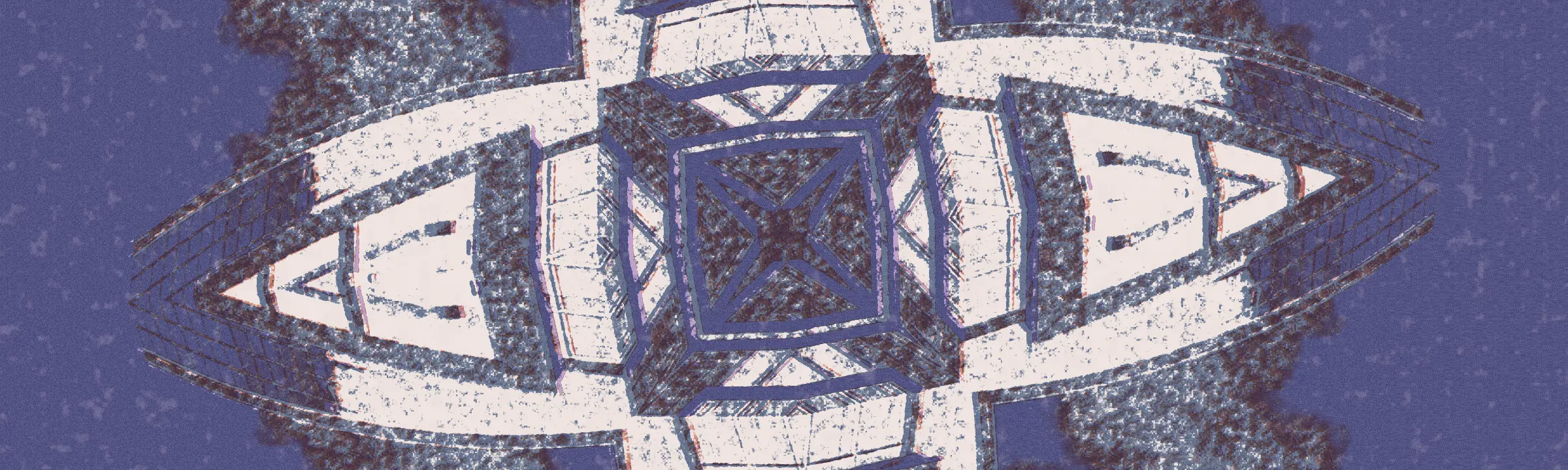 A riso print of a round glass tower under a big white cloud, folded in four, in two inks.