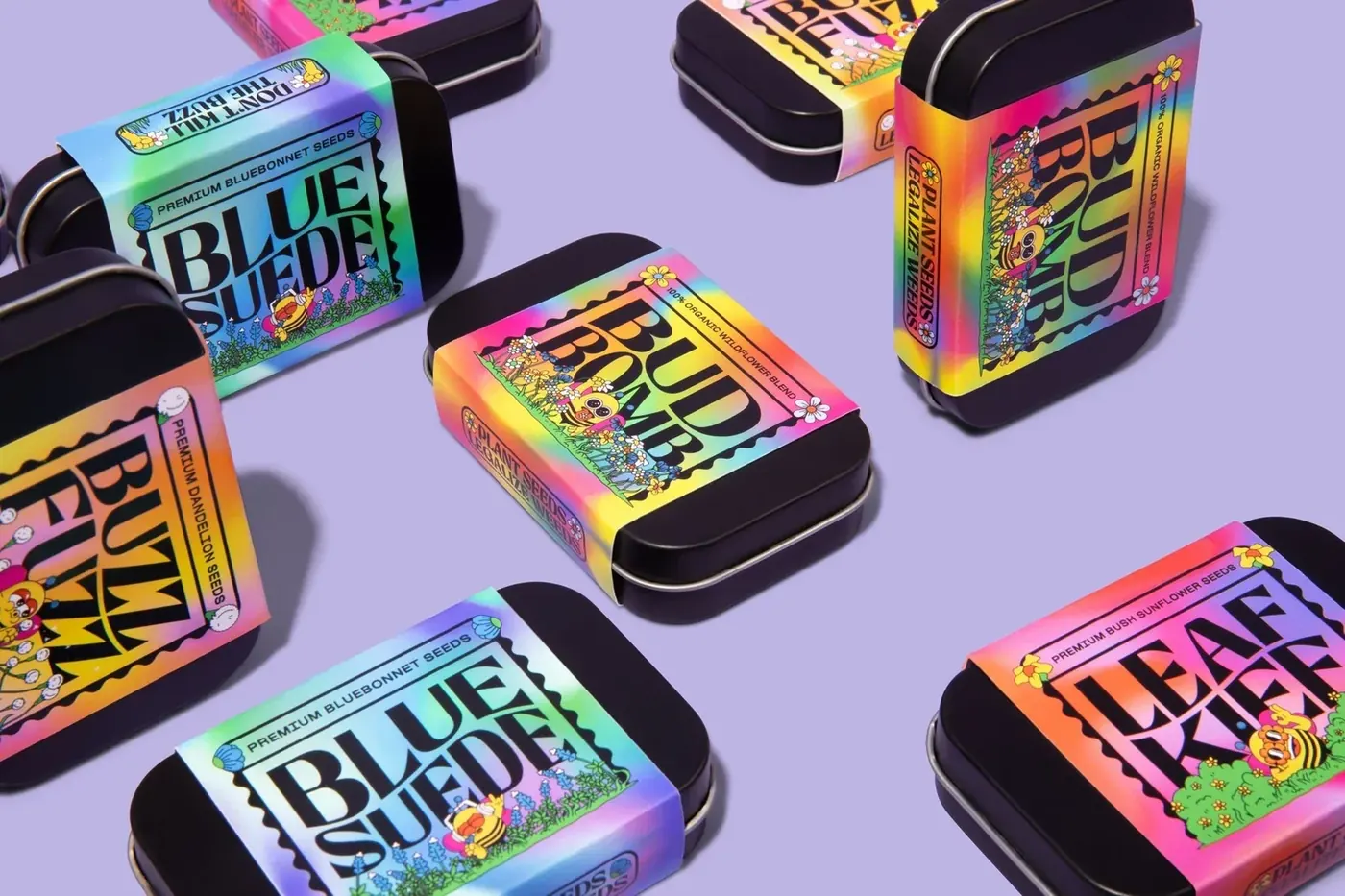 Legalize Weeds seed tins scattered on a lavender background