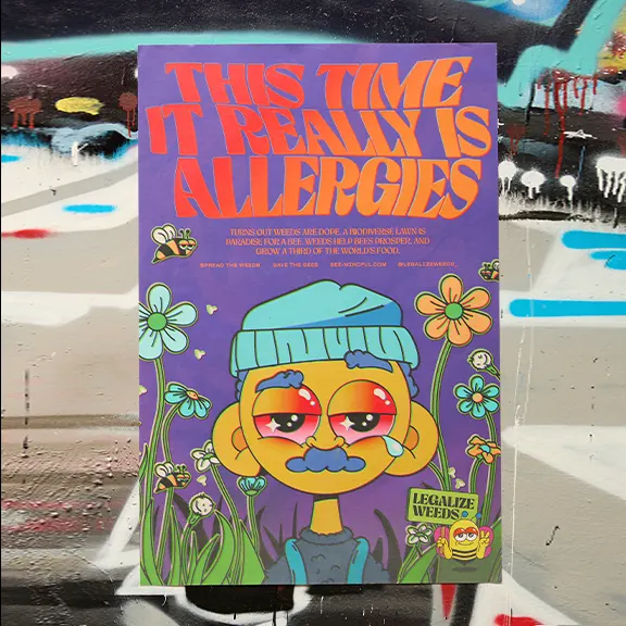 Poster reading THIS TIME IT REALLY IS ALLERGIES over an illustrated red-eyed figure among flowers