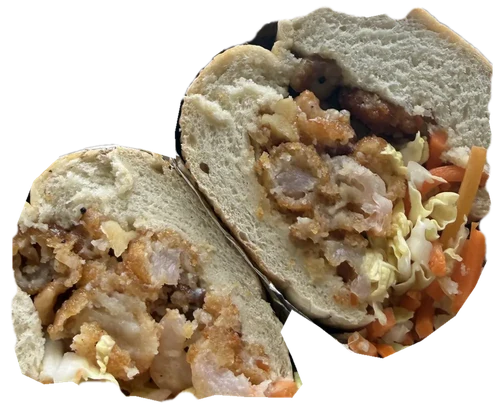 The Honey Walnut Shrimp Po' Boy, photographed in cross-section.