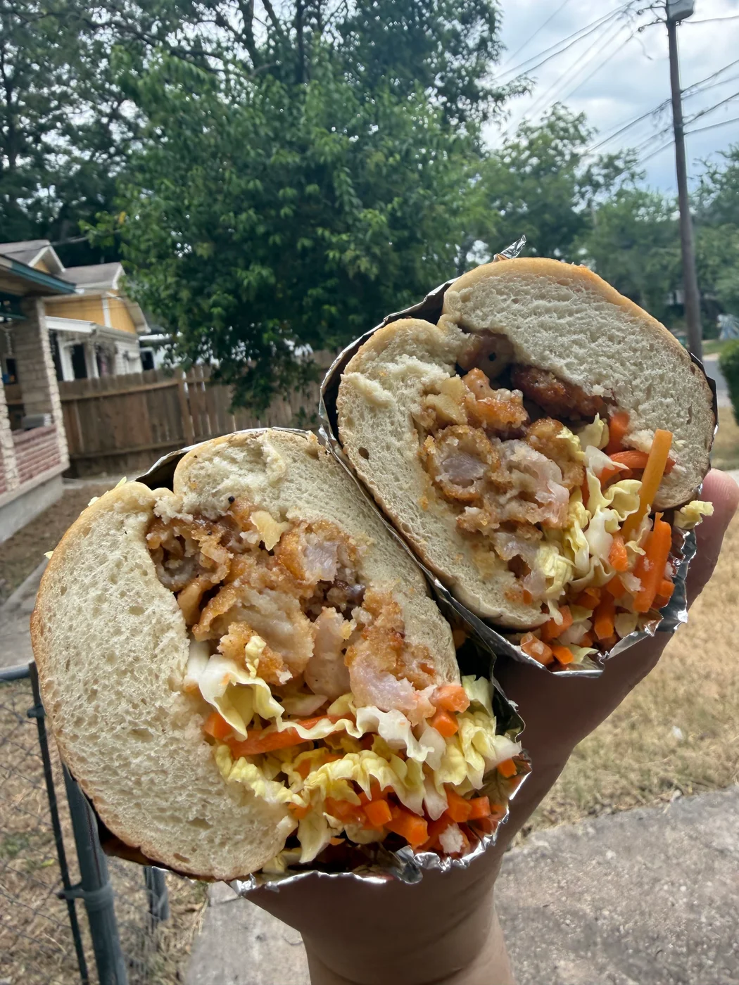 The original photograph of The Honey Walnut Shrimp Po' Boy.