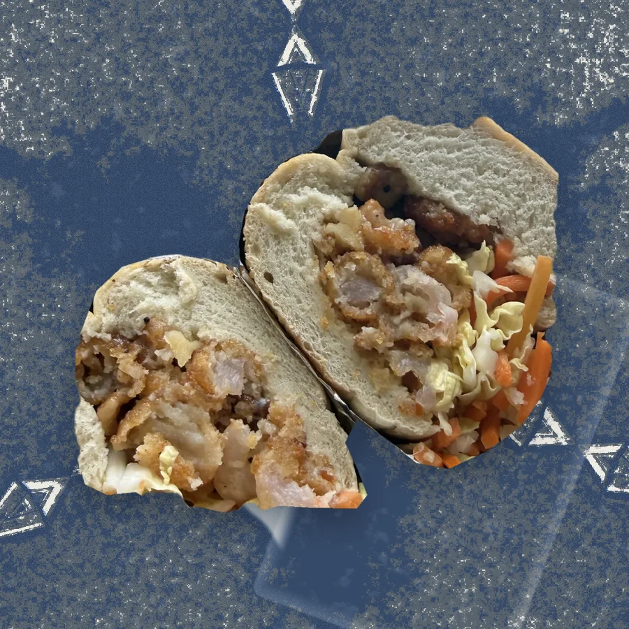 The Honey Walnut Shrimp Po' Boy, photographed in cross-section and floated over a riso print of the Austin skyline.