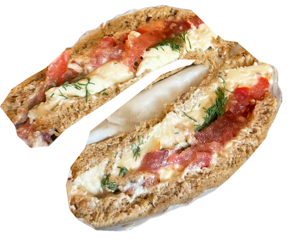 The Slutty Tomato Sandwich, photographed in cross-section.