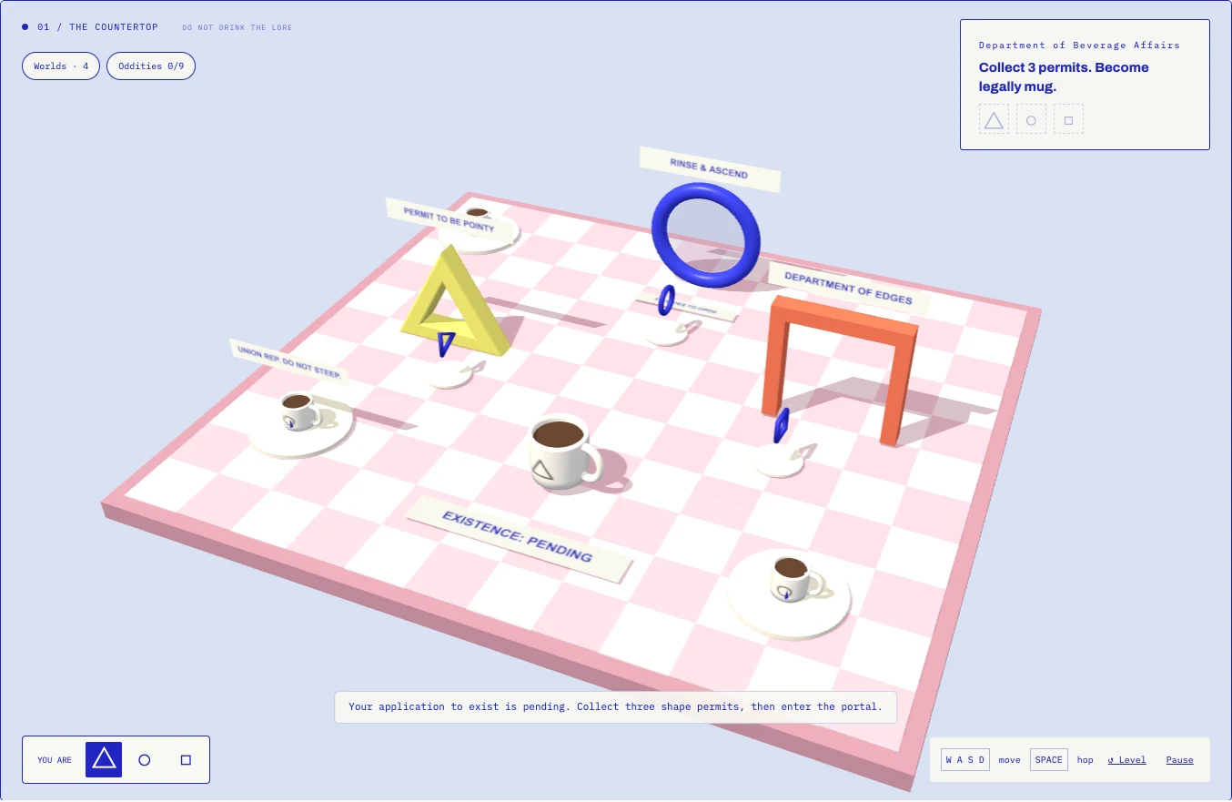 Shapes on Mugs gameplay: a mug exploring a pink checkerboard countertop with colorful shape portals.