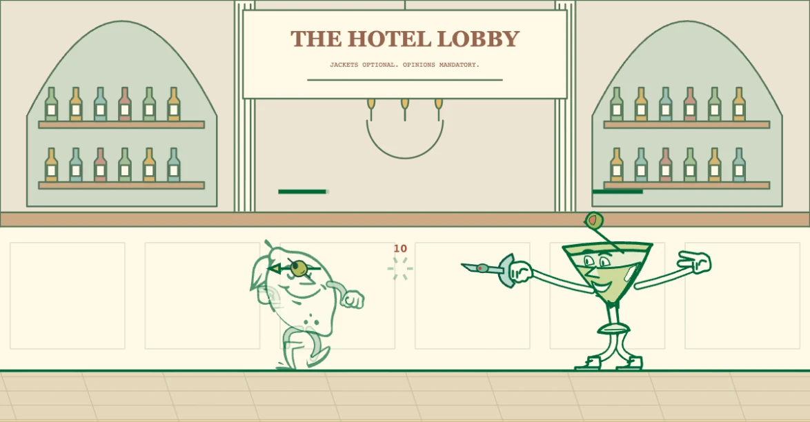 86ed gameplay: Squeeze and Dry Martini fighting in the Hotel Lobby.